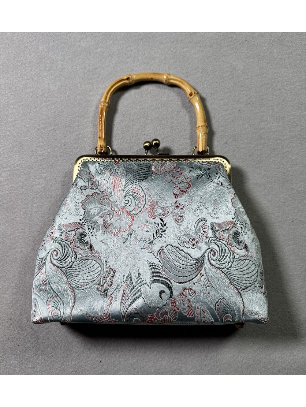 Vintage Style Silk Brocade Kiss-Lock Purse with Bamboo Handle & Chain